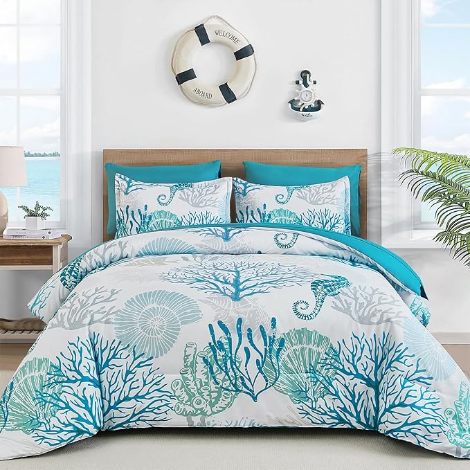 WONGS BEDDING Coastal Comforter Set King, Beach Themed Comforter,7 Pieces Ocean Nautical Seaweed & Starfish Bed in a Bag (104"×90")