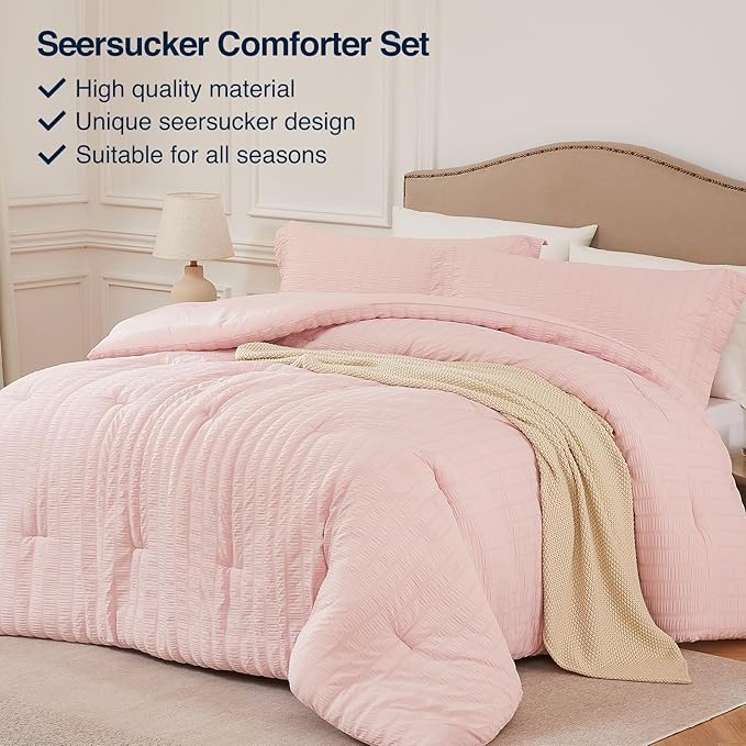 Pink Full Comforter Set - 3 Pieces Seersucker Lightweight Bedding Comforter Sets (1 Soft Fluffy Comforter & 2 Pillowcases) - All Seasons Cozy Cute Bed Sets for Women Girls