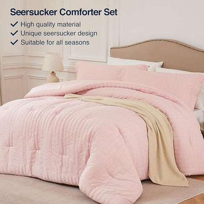 Pink King Comforter Set - 3 Pieces Seersucker Lightweight Bedding Comforter Sets (1 Soft Fluffy Comforter & 2 Pillowcases) - All Seasons Cozy Cute Bed Sets for Women Girls