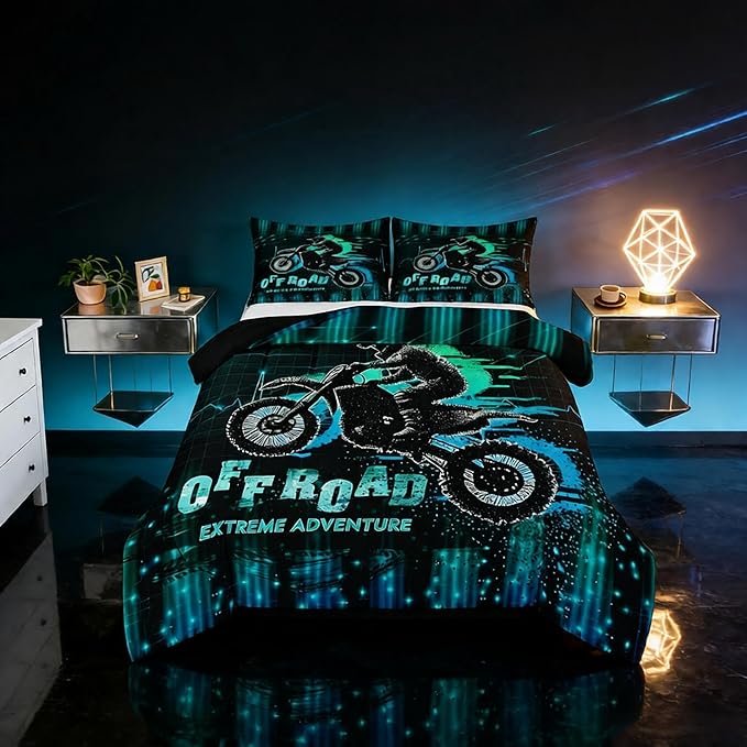 Feelyou Dirt Bike Comforter Set Full Size Extreme Sports Comforter Racing Motocross Rider Bedding Set Motorcycle Duvet Set Room Decor Blue Green Quilt Set