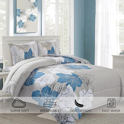 Menghomeus Floral Comforter Set King Blue Flower Pattern Printed on Grey, Soft Microfiber Bedding Lightweight Boho Bed Set for All Season (1 Comforter, 2 Pillowcases)