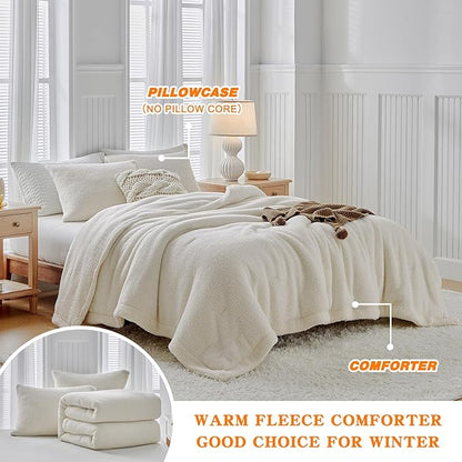 Fluffy Queen Comforter Set - Sherpa Comforter Set Queen Size Winter Use Warm Fleece Luxury 3 Pieces Bedding Comforter with 2 Pillow Shams Microfiber Plush Bed Set- Thanksgiving Choice