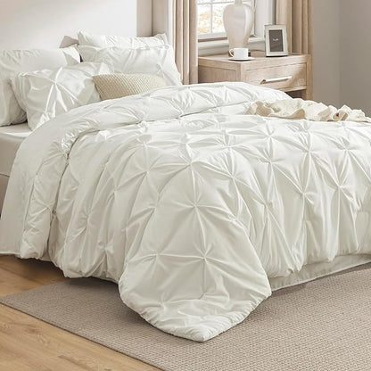 Bedsure King Size Comforter Set Ivory - Bed in a Bag Bedding Set 7 Pieces, GentleSoft™ Pintuck Bed Set Gift for Family, Pinch Pleat Ivory Comforter with Sheets, Pillowcases & Shams