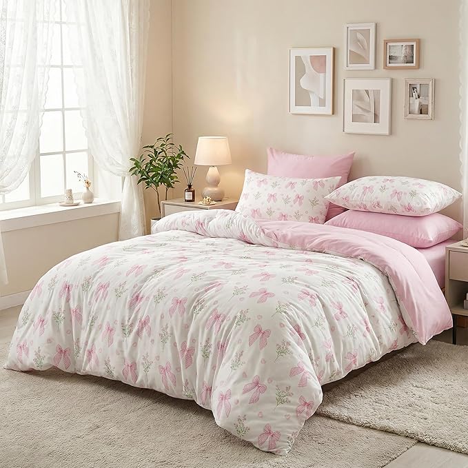 Nayoroom Pink Bow Comforter Set Queen Size Coquette Pink Floral Comforter 3 Pieces Soft Lightweight Kids Girls Cute Aesthetic Dorm Bedding Set for All Seasons