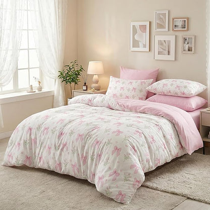 Nayoroom Pink Bow Comforter Set Full Size Coquette Pink Floral Comforter 3 Pieces Soft Lightweight Kids Girls Cute Aesthetic Dorm Bedding Set for All Seasons