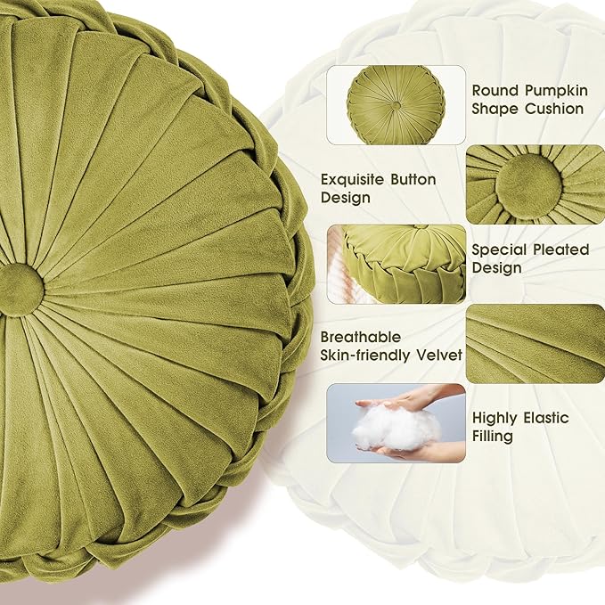 ROSE&RISY Round Pleated Velvet Throw Pillows, 2 Pcs Decorative Accent Pumpkin Pillow Cushion for Couch Sofa Chair Bed Car Home Decor (14.5 Inch, Olive Green)