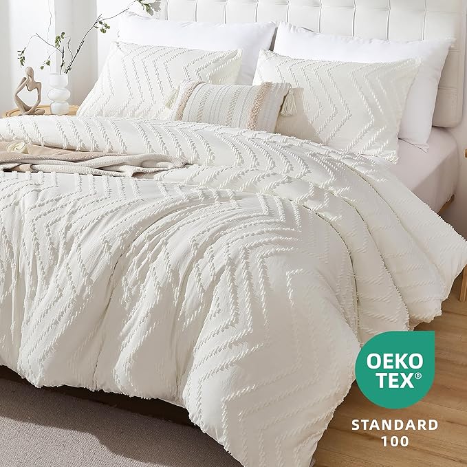 YIRDDEO Ivory White King Comforter Set, Boho Farmhouse Bedding Set, Vertical Tufted Bed Set, Lightweight Neutral Bedroom Set (1 Comforter 2 Pillowcase)