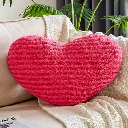 Hot Pink Heart Pillows, 19.6" Cute Heart Decorative Pillow, Stripe Heart Shaped Plush Throw Pillows for Bed