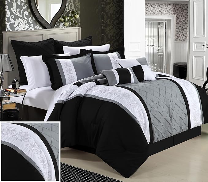 Chic Home 8-Piece Embroidery Comforter Set, Queen, Livingston Black