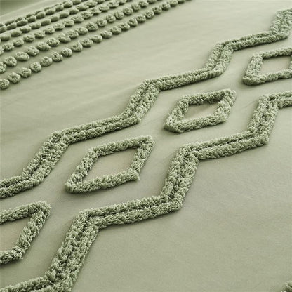 Sage Green Tufted Comforter Set Queen Size 7 Piece Bed in a Bag, Shabby Chic Boho Comforter and Sheet Set, Pom Pom Textured Bed Set, All Season Soft Microfiber Complete Bedding Set(Green,Queen)