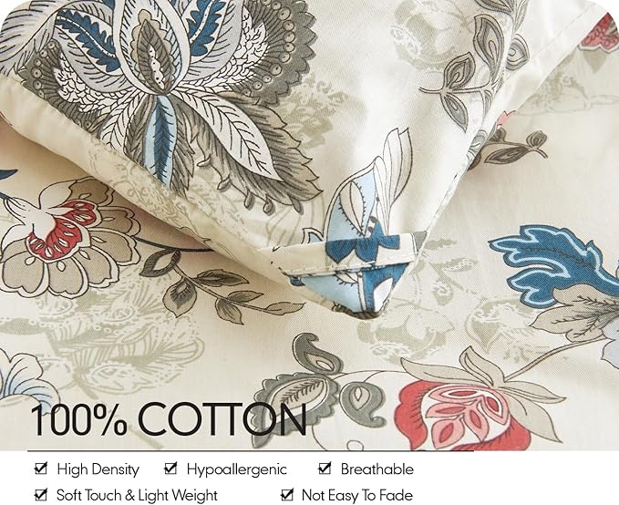 SLEEPBELLA King Size Comforter Set Teal & Red Botanical Pattern Printed on White 100% Cotton Fabric, Ultra Soft Microfiber Inner Fill 3Pcs Bedding Set