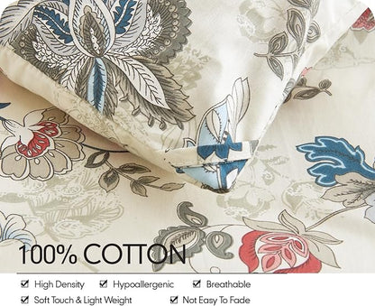 SLEEPBELLA Queen Size Comforter Set Teal & Red Botanical Pattern Printed on White 100% Cotton Fabric, Ultra Soft Microfiber Inner Fill 3Pcs Bedding Set
