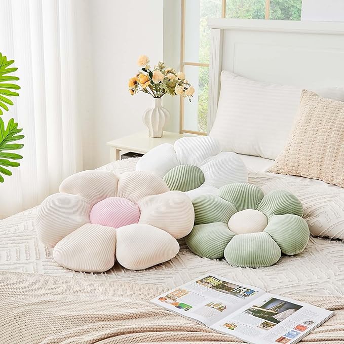 Beige Flower Pillow, 19.6" Cute Flower Shaped Floor Pillow, Aesthetic Floral Plush Daisy Decorative Throw Pillows for Bed Sofa Couch