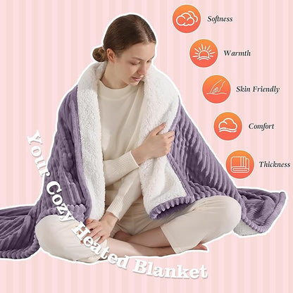 Heated Blanket Electric Throw 50"x60" Heating Blanket 450gsm Ribbed Flannel Sherpa Ultra-soft with 5 Heating Levels and 4 Hour Auto Off, ETL & FCC Certified Electric Blanket, Great Winter Gift, Purple