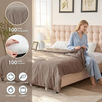 Electric Blanket Queen Size - Dual Control Heated Blanket Queen Size, Fast Heating with 10 Time Settings & 6 Heat Settings, Warm Gift (Khaki, Queen/Full 90" x 90")