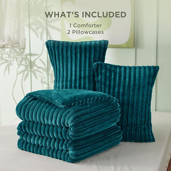 Bedsure Queen Comforter Set - GentleSoft™ 3 Pieces Fluffy Double-Side Fleece Comforter Set, Cozy Striped Room Decor Aesthetic, Luxury Teal Bedding Queen Size with 2 Pillowcases, 90x90 Inches
