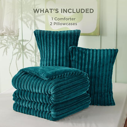 Bedsure Queen Comforter Set - GentleSoft™ 3 Pieces Fluffy Double-Side Fleece Comforter Set, Cozy Striped Room Decor Aesthetic, Luxury Teal Bedding Queen Size with 2 Pillowcases, 90x90 Inches