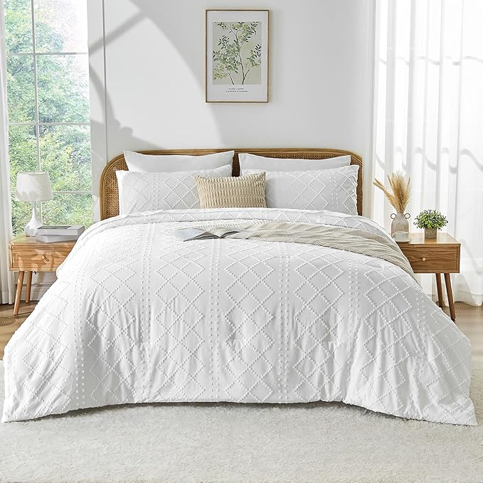 Nesker Boho Twin Comforter Set - 5 Pcs Tufted Whilt Bedding Sets, Soft Cozy Chic Bed in a Bag, Vintage Shabby Bed Set All Season with Comforter, Fitted Sheet, Flat Sheet & Pillowcases