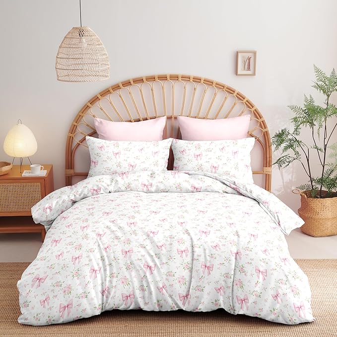 Nayoroom Pink Bow Comforter Set Queen Size White Green Leaf Floral Comforter 3 Pieces Girls Soft Lightweight Cute Coquette Bedding Set for All Seasons