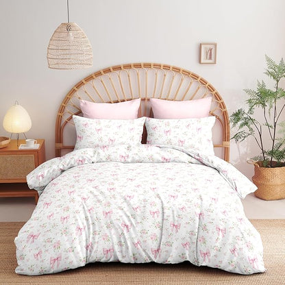 Nayoroom Pink Bow Comforter Set Full Size White Green Leaf Floral Comforter 3 Pieces Girls Soft Lightweight Cute Coquette Bedding Set for All Seasons