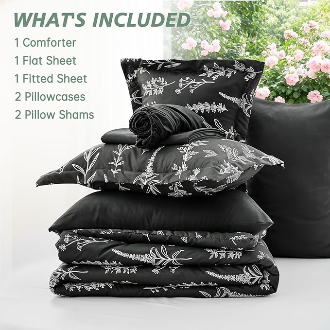 MUXHOMO Black Full Comforter Set, Elegant Floral Print Bed in a Bag 7 Pieces, Ultra Soft & Breathable Reversible Botanical Pattern Bedding Set with Comforter, Sheets, Pillowcases, and Shams
