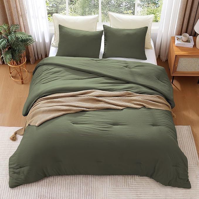WRENSONGE Twin/Twin XL Comforter Set - 2 Pieces Olive Green Comforter Prewashed Soft Lightweight for All Seasons,Fluffy Down Alternative Twin XL Comforter with 1 Pillow Sham