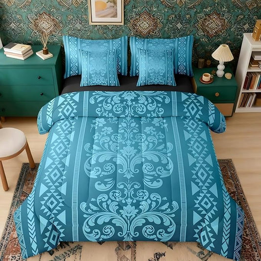Comforter Set King Size, Teal Damask Aztec 7 Pcs Bedding for Kids and Adults, Antique Decor Western Baroque Gothic Floral Bed Sheet Sets with Fitted Sheet 2 Pillowcases & 2 Shams for Bedroom Bed Decor