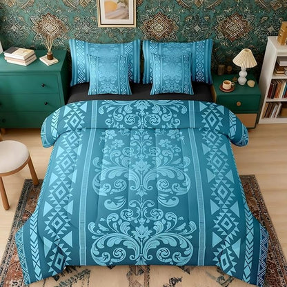 Comforter Set Queen Size, Teal Damask Aztec 7 Pcs Bedding for Kids and Adults, Baroque Western Boho Gothic Floral Bed Sheet Sets with Fitted Sheet 2 Pillowcases & 2 Shams for Bedroom Bed Decor