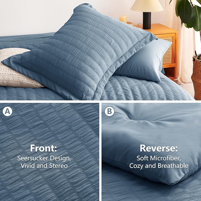 CozyLux Grayish Blue Full Size Comforter Sets with Sheets 7 Pieces, Dusty Blue Seersucker Bed in a Bag Textured Luxury Soft Bedding Set with Down Alternative Comforter, Sheets, Pillowcases & Shams
