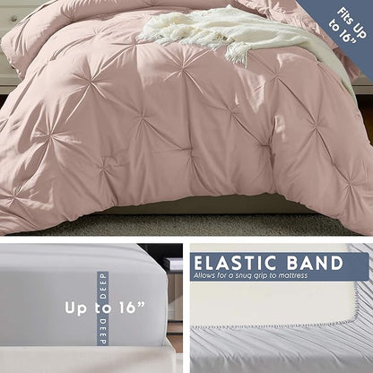 Nestl Twin Comforter Set 5 Piece, Pintuck Twin Bedding Set Blush Pink, College Dorm Room Essentials for Girls and Boys Bed in a Bag Twin All Season, Twin Comforter Set with Sheets, Pillowcase and Sham