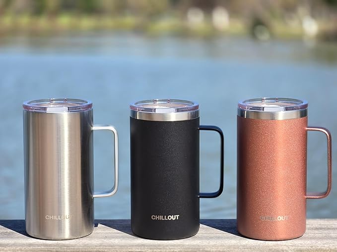 CHILLOUT LIFE Stainless Steel Vacuum Insulated Coffee Mug 20 oz (Set of 2) with Handle and Lid, Large Thermal Camping Coffee Mugs with Sliding Lid for Men & Women, Keeps Your Beverages Hot & Cold