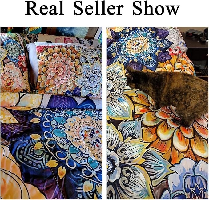 3 Piece Boho Floral Bedding Set,Colorful Flowers Comforter Set,Bohemian Reversible Down Alternative Bed Sets,90"x90" Soft Microfiber Flower Duvet Vintage Bedding in a Bag for Women Men