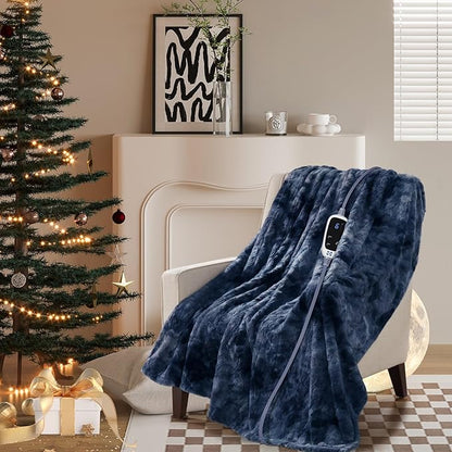 Sealy Electric Blanket Heated Throw, Faux Fur Heating Blanket with 6 Heat Settings & 2-10 Hours Auto Shut Off, Fast Heating & ETL Certification, 50x60 Inch, Navy Blue