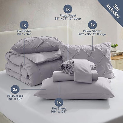 Nestl California King Comforter Set 7 Piece - Pintuck Cal King Comforter Set Grey Lavender, California King Bed in a Bag, All Season Bed Set with Flat Sheet and Fitted Sheet, Pillowcases and Shams