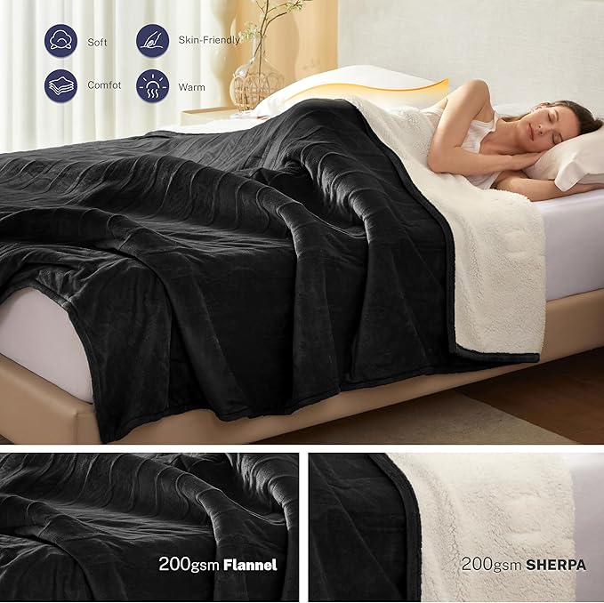 Electric Blanket Throw 50"x60" Heated Electric Blankets 10 Heating Levels 12 Time Settings 3 Hours Auto Off Fast Heating and Overheat Protection ETL Certified Machine Washable,Black