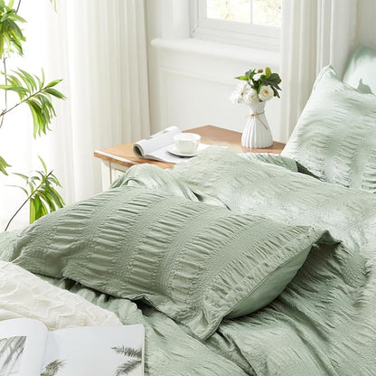 Zzlpp Queen Comforter Set 7 Pieces, Sage Green Seersucker Bed in a Bag with Comforter and Sheets, All Season Bedding Sets with 1 Comforter, 2 Pillow Shams, 2 Pillowcases, 1 Flat Sheet