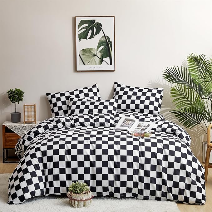 Houseri Black and White Comforter Set Queen Plaid Black Grid Comforters Queen Size Teen Boys Men Modern Black White Checkerboard Bedding Comforters Sets Buffalo Plaid Checkered Queen Comforter Set