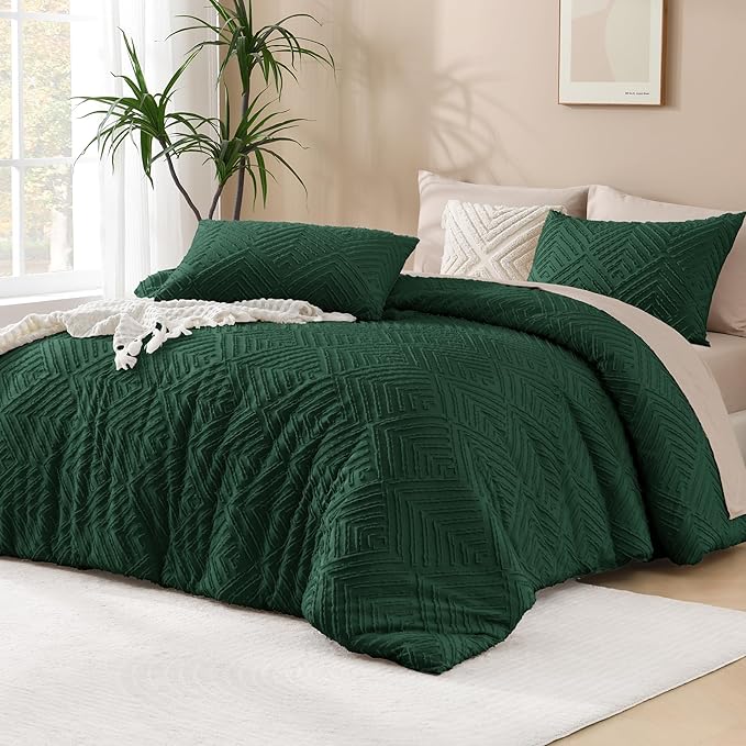 Andency Dark Emerald Green Oversized King Comforter 120"x120", 3 Pieces Super King Boho Bedding Set & Collections, Farmhouse Tufted Fluffy Bed Set (1 Comforter, 2 Pillowcases)