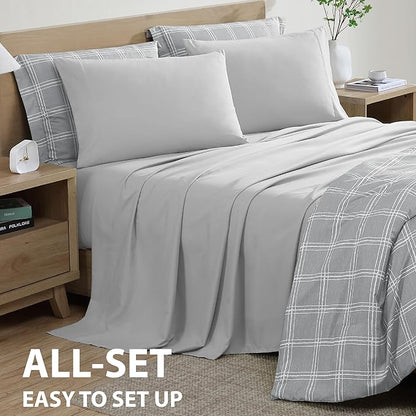Cathay Home Basic Bedding Home Essential Ultra Soft Lightweight 5PC Wrinkle Resistant Microfiber Bed in a Bag Set (Includes Complete Sheet Set & Comforter Set) - Grey Plaid, Twin