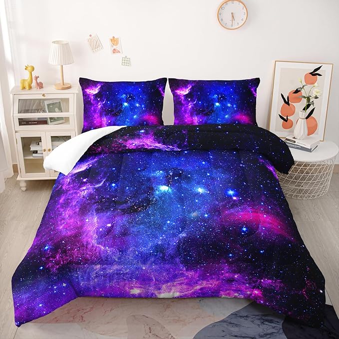 Starry Sky Comforter Sets - Full Size Violet Galaxy Bedding Sets for Kids - 1 Comforter and 2 Pillowcases