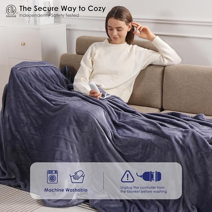 Queen Size Heated Blanket Electric Blanket 84''X90''-Ultra Soft Plush Premium Flannel, Double Controllers Heated Blanket with 5 Heat Settings & 10 Hours Auto-Off for Grandma Gifts(Lavender)
