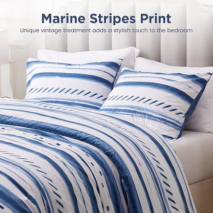 Sophia & William White and Blue Striped Comforter Set for All Season, 3 Pcs Cotton Bedding Comforter Set with Geometric Printed Comforter & 2 Pillowcases, King Size Lightweight Bedding Set