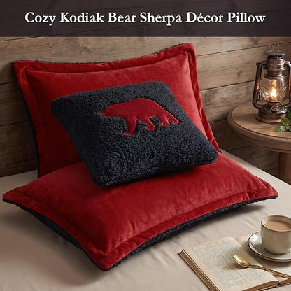 Woolrich Reversible Comforter Set Ultra Soft Plush to Sherpa, Down Alternative, Cold Weather Winter Warm Bedding, with Matching Sham, Decorative Pillow Red/Black King 3 Piece