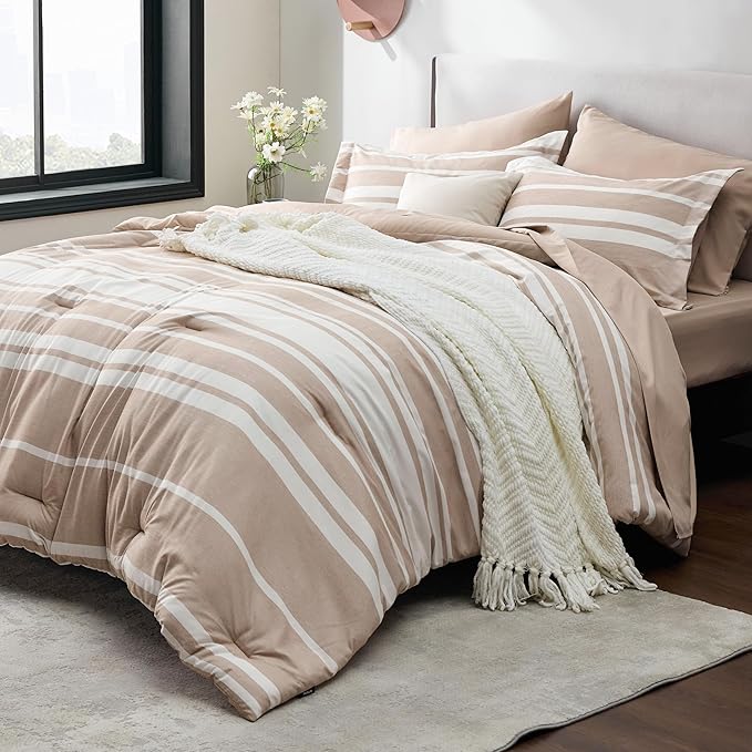 Bedsure Queen Comforter Set 7 Pieces, Light Camel Striped Bedding Set for All Seasons, Reversible, Cationic Dyeing Bed in a Bag with Comforter, Sheets, Pillowcases & Shams