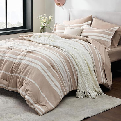 Bedsure Queen Comforter Set 7 Pieces, Light Camel Striped Bedding Set for All Seasons, Reversible, Cationic Dyeing Bed in a Bag with Comforter, Sheets, Pillowcases & Shams