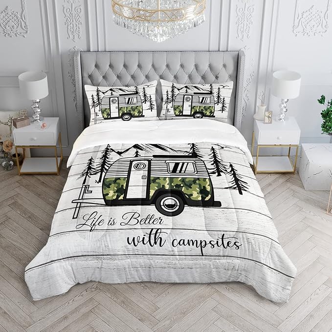 HOSIMA Happy Camping Decor Comforter Set,Camouflage Camper Bedding Queen Size for Kids Teen Girls Boys Room Decor,Camper Accessories for Travel Trailers Themed Bedding with 2 Pillowcases.