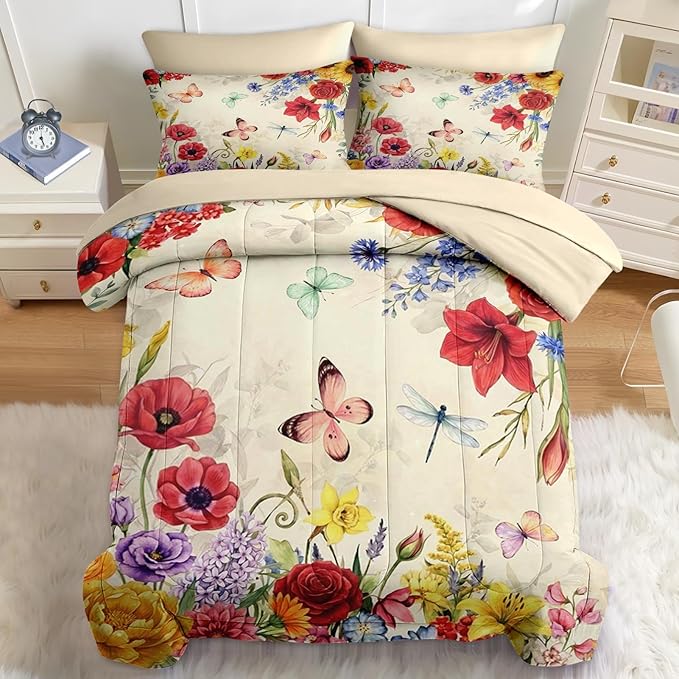 Nesker 7 Pcs Spring Comforter Set Full Size, Floral Butterfly Bedding Set for Kids and Adults, Poppy Rose Bed Sheet Sets with Fitted Sheet 2 Pillowcases & 2 Shams