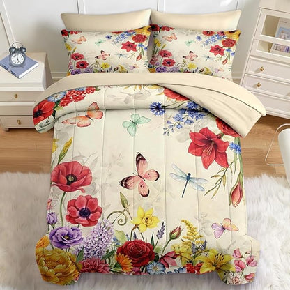 Nesker 7 Pcs Spring Comforter Set Queen Size, Floral Butterfly Bedding Set for Kids and Adults, Poppy Rose Bed Sheet Sets with Fitted Sheet 2 Pillowcases & 2 Shams