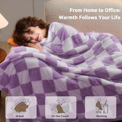 Heated Electric Blanket Throw, 50X60 Heating Blanket with 10 Heat Level & 8 Hours Auto Off for Lap, Light Purple Checkered Plaid Soft Sherpa Blankets Warmer Gifts for Couch Grandma Women Adults