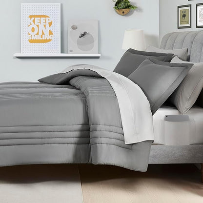 Twin Size Comforter Set Quilted Stripe Bedding Bundle – Stylish Set with Comforter, Mattress Protector, Sheet Set & Pillow Shams — Sophisticated Striped Design for Home & Guest Rooms, Gray/Silver